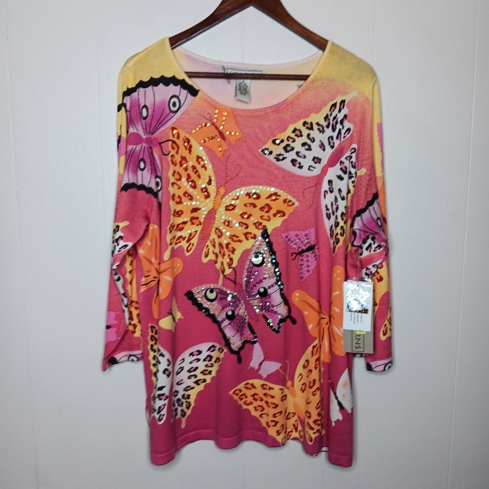 Lucia Burns Y2k Blouse Womens Plus 1X Multicolor Sequin Butterfly Silk Blend NWT